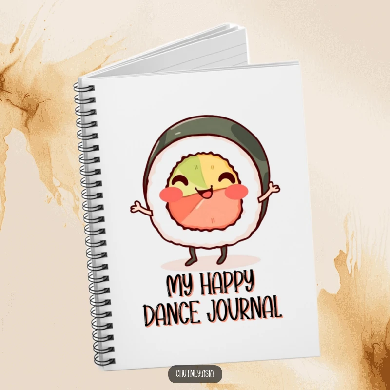 Funny sushi roll notebook, smiling with tiny legs, doing a cheerful jig, perfect for capturing creative thoughts humorously.