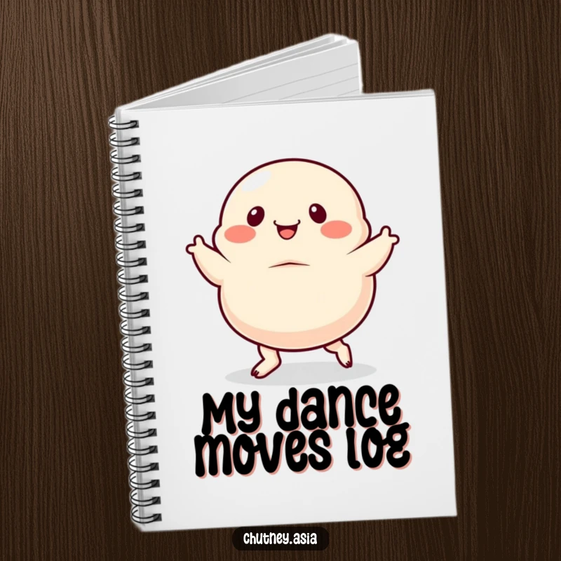 Funny dumpling notebook, dancing with exaggerated, wiggly feet, great for writing and drawing with a touch of humor.