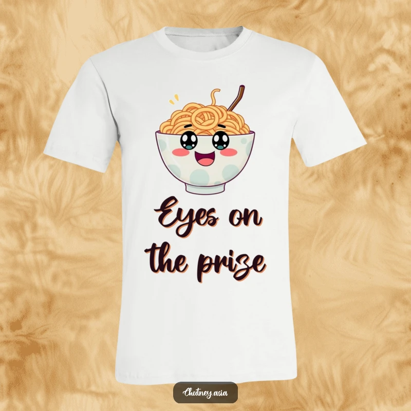Funny ramen bowl t-shirt, wobbly with googly eyes, bouncing with pure excitement, showcasing a lively and humorous design.