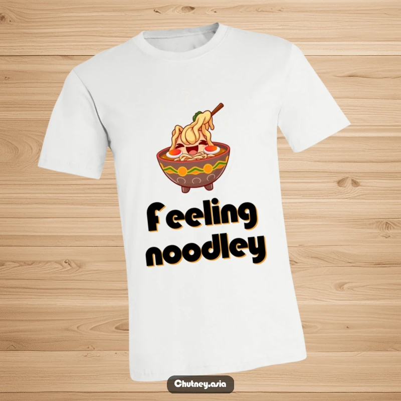 Funny ramen laugh t-shirt depicting a giggling bowl of ramen with dancing steam, showcasing pure culinary joy.