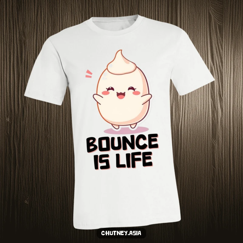 Funny Mochi T-Shirt showcasing a cheerful, blushing mochi character in mid-bounce, conveying infectious happiness and a delightful personality.