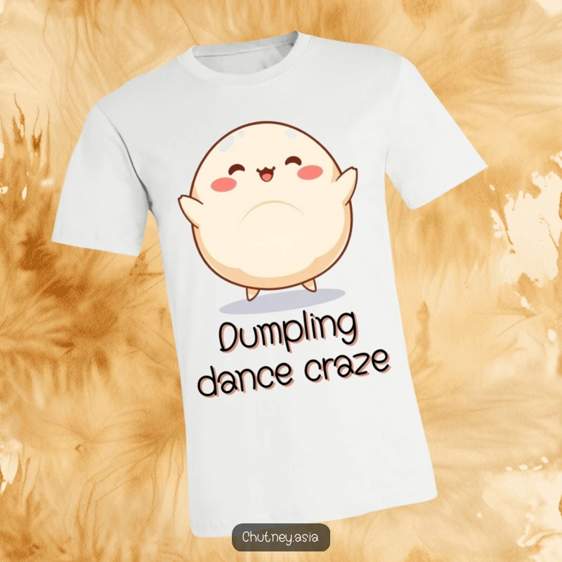 Funny dumpling t-shirt with a round, kawaii dumpling and little legs doing a silly dance, celebrating food and fun.