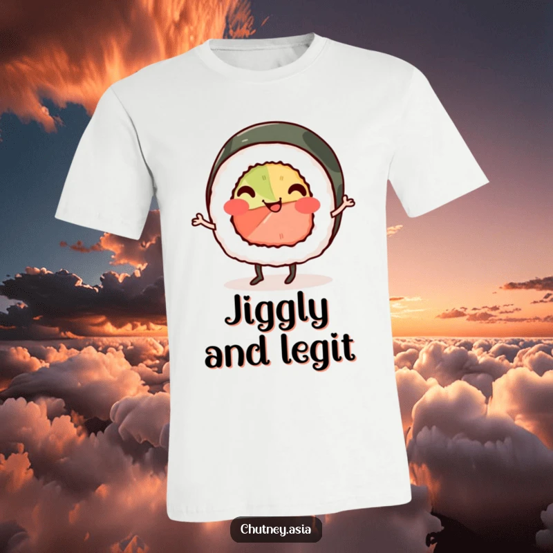 Funny sushi roll t-shirt, smiling with tiny legs, energetically doing a cheerful jig, designed for laughs and smiles.