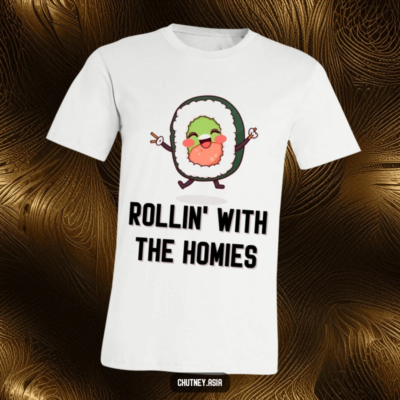 Funny sushi roll t-shirt showing a joyful character dancing energetically with small chopsticks, a vibrant and amusing design.