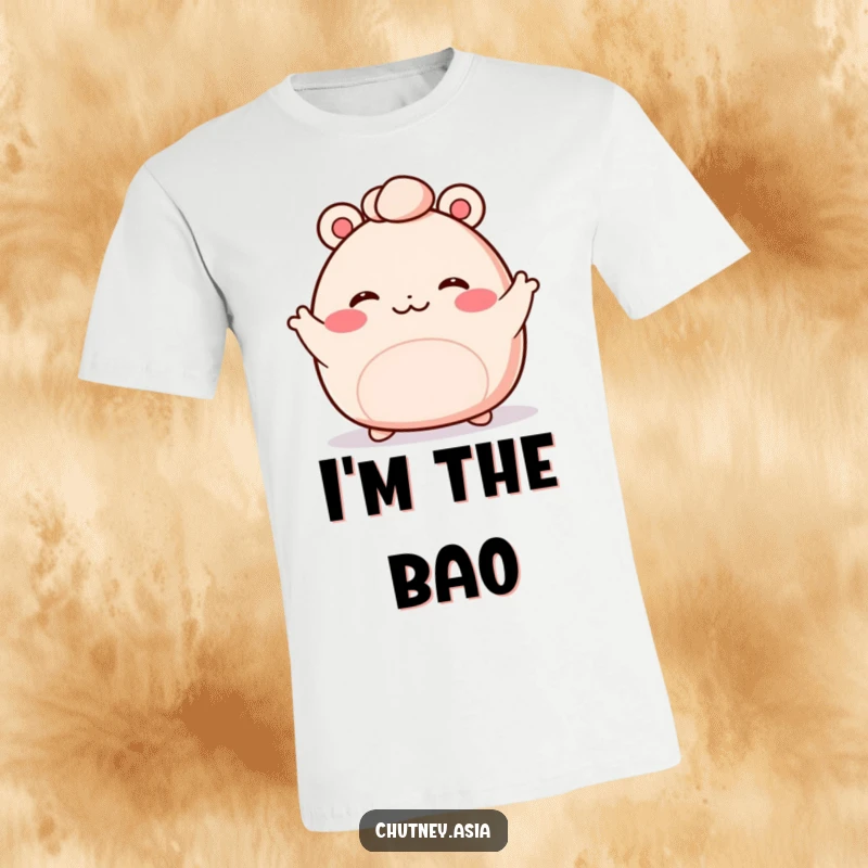 Funny bao bun t-shirt with a blushing, kawaii bao bun and tiny arms waving enthusiastically, celebrating cuteness and joy.
