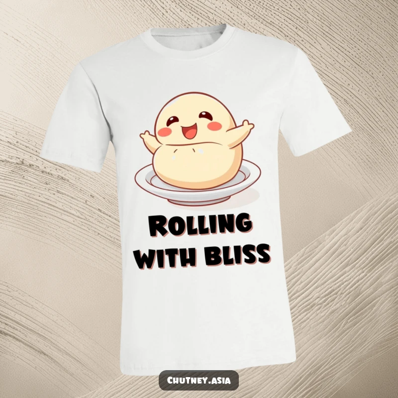 Funny dumpling roll t-shirt depicting a delighted dumpling character in a playful tumble on a plate, showcasing joy.