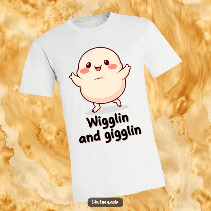 Funny dumpling t-shirt, dancing with exaggerated, wiggly feet, showcasing energetic and humorous dance moves, designed for laughs.