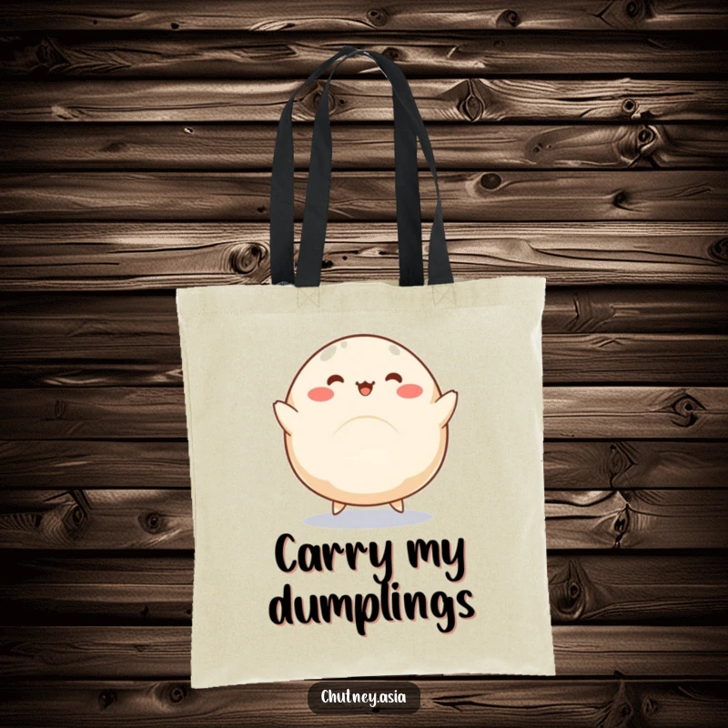 Funny dumpling tote bag with a round, kawaii dumpling and little legs doing a silly dance, perfect for stylish carrying.