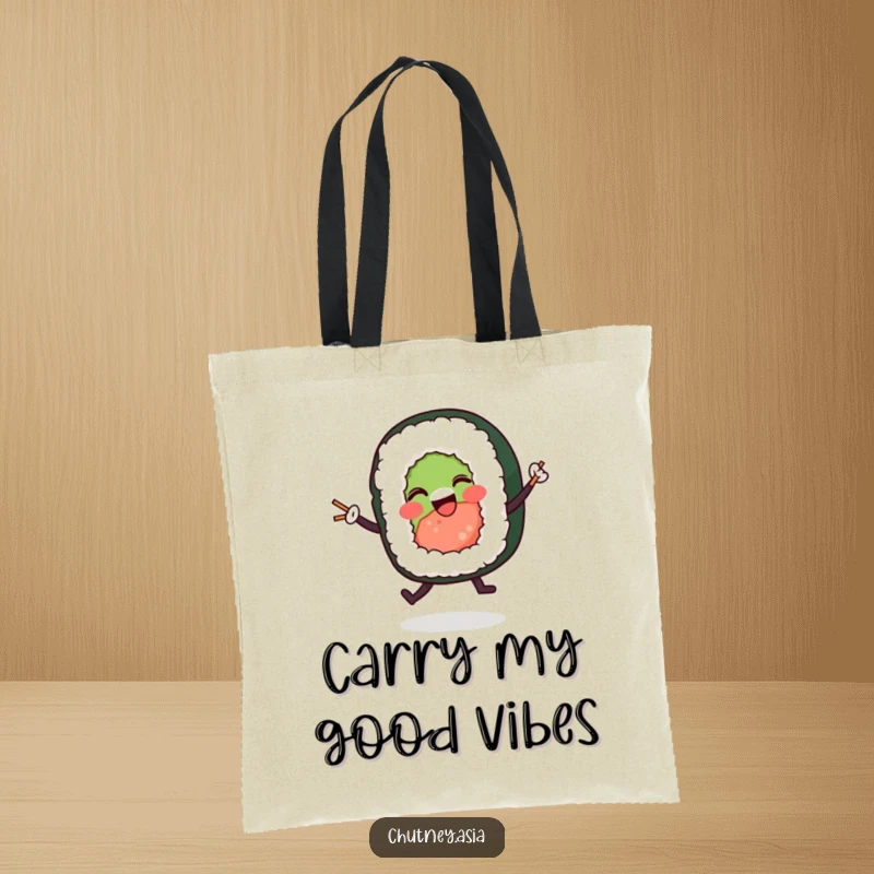 Funny sushi roll dancing tote bag with a cheerful character grooving with tiny chopsticks, a practical and humorous accessory.