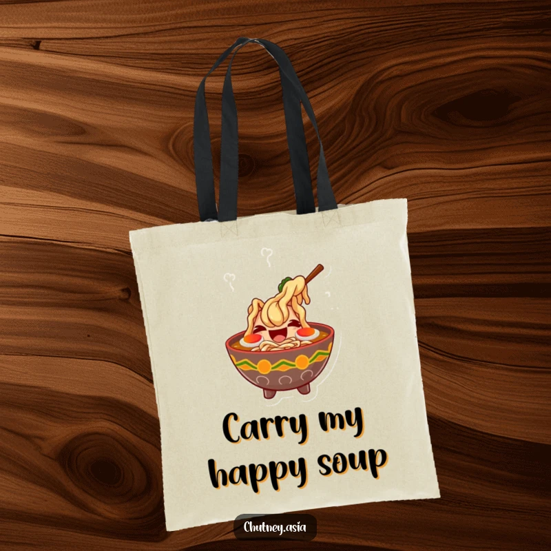 Funny ramen laugh tote bag with a giggling bowl of ramen and dancing steam, perfect for carrying items with humor.
