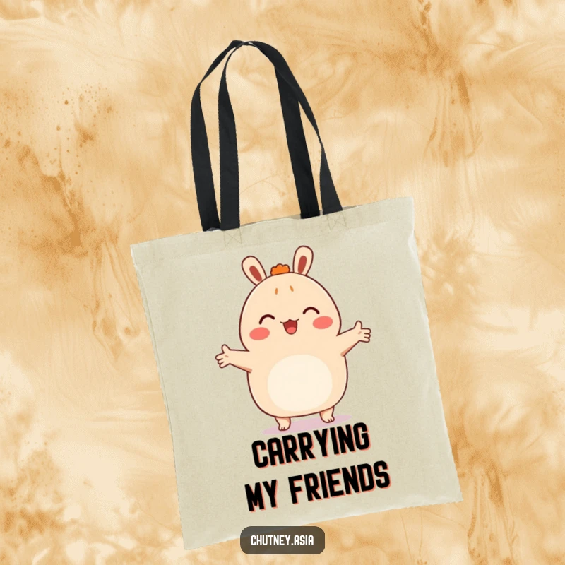 Funny bao bun tote bag, happy with arms outstretched to embrace, symbolizing friendship and warmth, practical and cute.