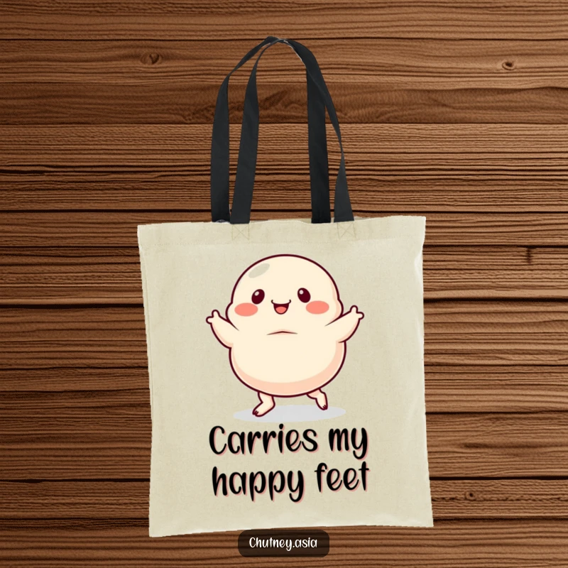 Funny dumpling tote bag, dancing with exaggerated, wiggly feet, practical for carrying items with a humorous touch.