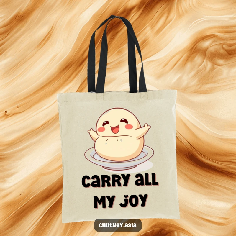 Funny dumpling roll tote bag with a delighted dumpling character playfully tumbling, perfect for carrying items with humor.