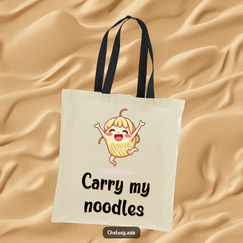 Funny Tote Bag: An excited, beaming noodle character performs a cartwheel, symbolizing energy and fun.