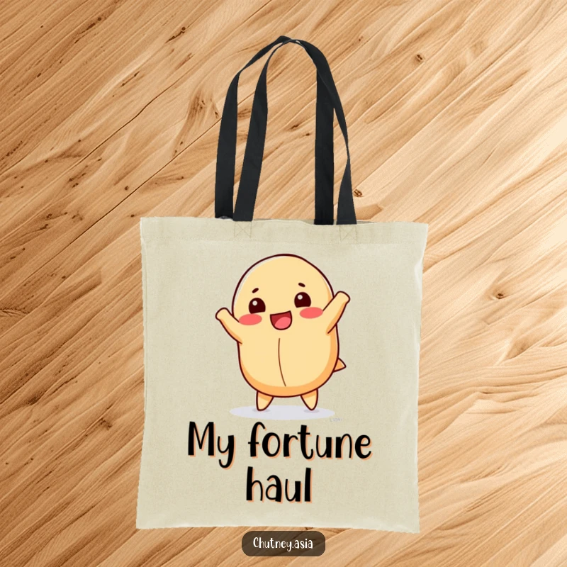 Funny fortune cookie tote bag with a happy, anthropomorphic fortune cookie doing a cartwheel, perfect for stylish carrying.